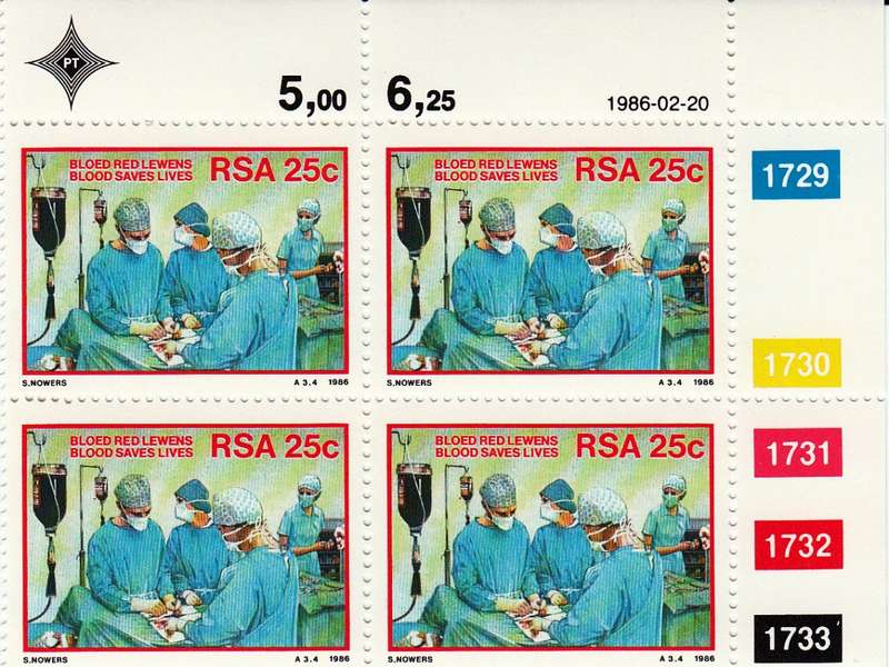 RSA 1986: DONATE BLOOD FULL SET CONTROL BLOCKS MNH (SACC 600-603)