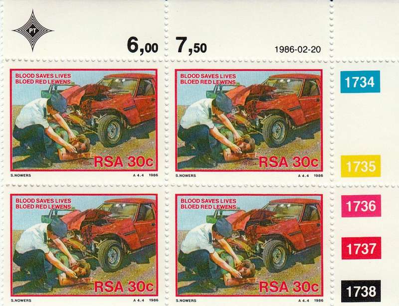RSA 1986: DONATE BLOOD FULL SET CONTROL BLOCKS MNH (SACC 600-603)