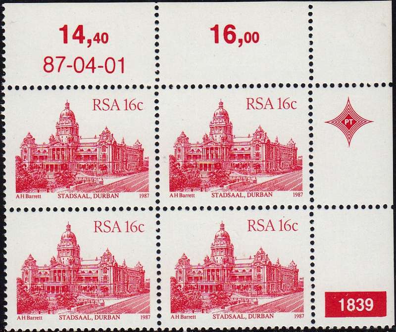 RSA 1987 FOURTH DEFINITIVE ISUE 16c CONTROL BLOCK NO. 1839 MNH (SACC 624)