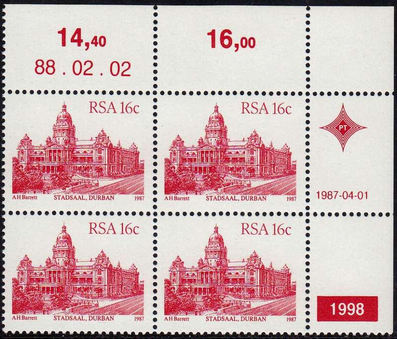 RSA 1988 FOURTH DEFINITIVE ISUE 16c CONTROL BLOCK NO. 1998 MNH (SACC 624)