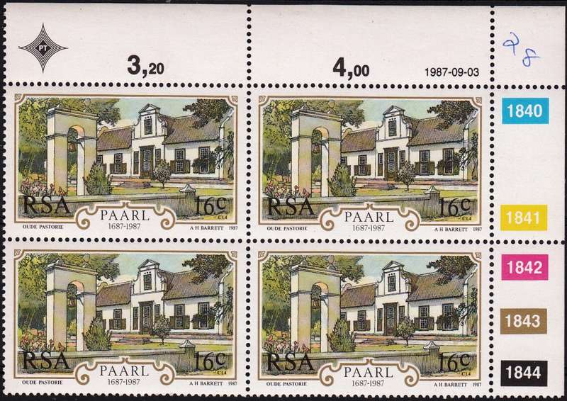 RSA 1987: 300th ANNIVERSARY OF PAARL 16c CONTROL BLOCK OF 4 MNH (SACC 629)