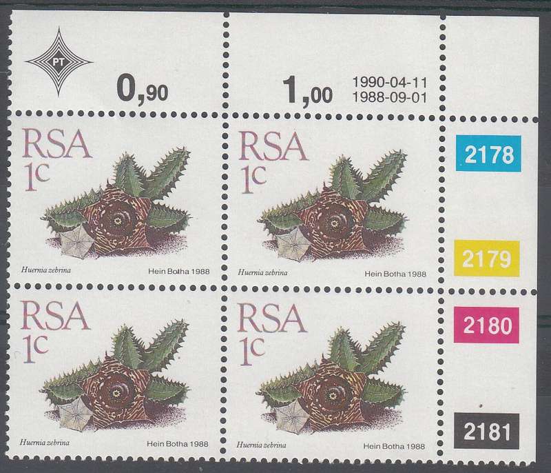 RSA 1990: 5th DEFINITIVE ISSUE SUCCULENTS 1c CONTROL BLOCK (11.4.1990) MNH (SACC 668)