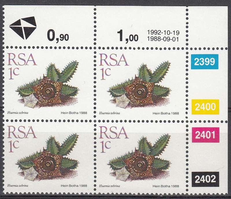RSA 1992: 5th DEFINITIVE ISSUE SUCCULENTS 1c CONTROL BLOCK (19.10.1992) MNH (SACC 668)