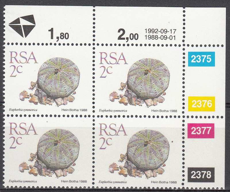 RSA 1992: 5th DEFINITIVE ISSUE SUCCULENTS 2c CONTROL BLOCK OF 4 (17-9-1992) MNH (SACC 669)