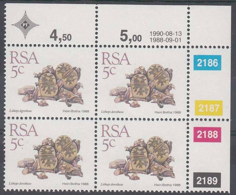RSA 1992: 5th DEFINITIVE ISSUE SUCCULENTS 5C CONTROL BLOCK (13-8-1990) MNH (SACC 670)