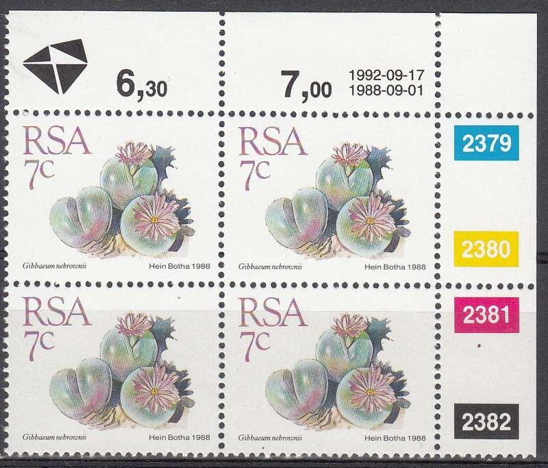 RSA 1992: 5th DEFINITIVE ISSUE SUCCULENTS 7c CONTROL BLOCK (17.9.1992) MNH (SACC 671)