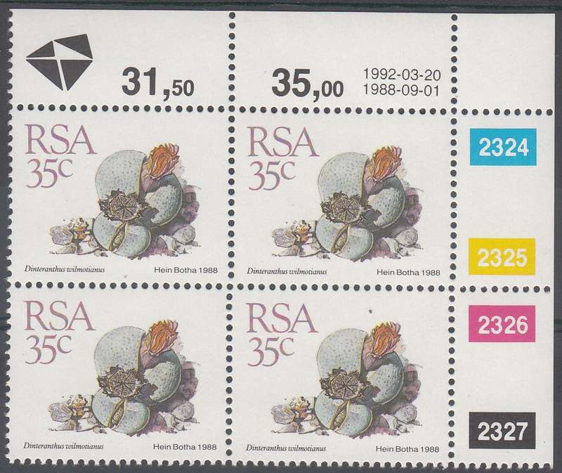 RSA 1992: 5th DEFINITIVE ISSUE SUCCULENTS 35c CONTROL BLOCK (20-3-92) MNH (SACC 677)