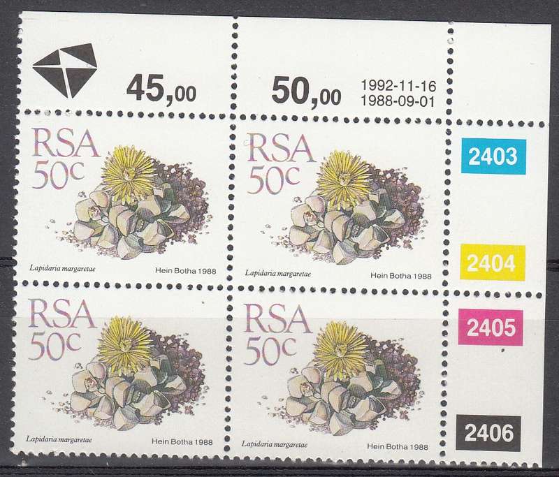 RSA 1990: 5th DEFINITIVE ISSUE SUCCULENTS 50c CONTROL BLOCK (16-11-1992) MNH (SACC 679)