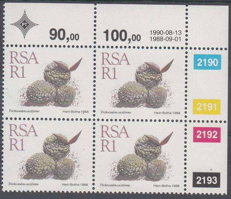 RSA 1990: 5th DEFINITIVE ISSUE SUCCULENTS R1.00 CONTROL BLOCK (13.8.90) MNH (SACC 681)