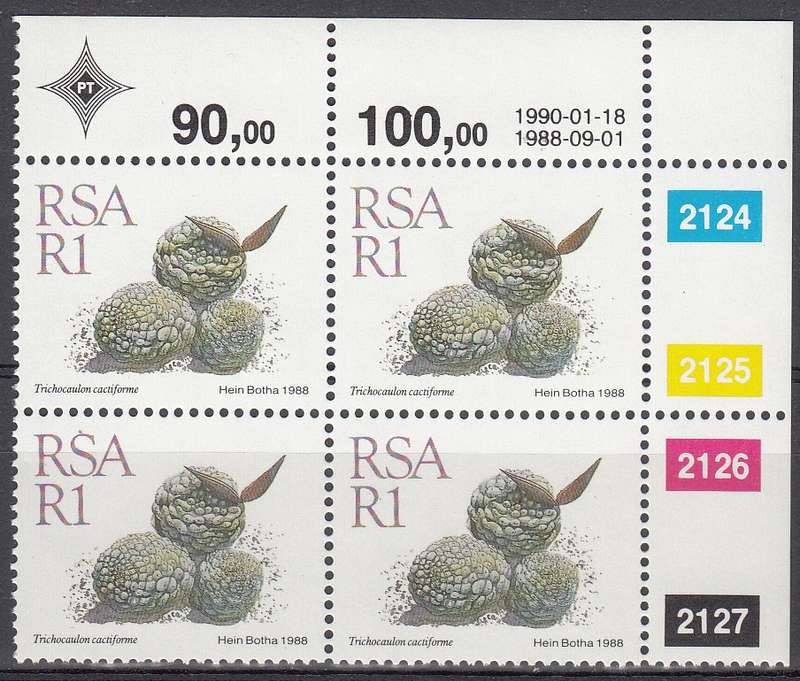 RSA 1990: 5th DEFINITIVE ISSUE SUCCULENTS R1.00 CONTROL BLOCK (18.1.90) MNH (SACC 681)