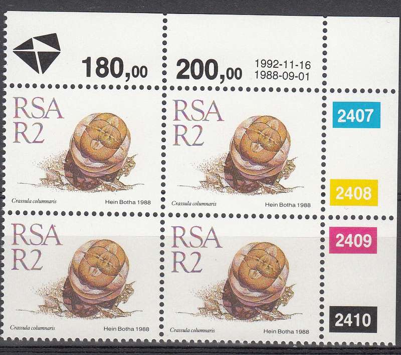 RSA 1992: 5th DEFINITIVE ISSUE SUCCULENTS R2.00 CONTROL BLOCK (16-11-1992) MNH (SACC 682)
