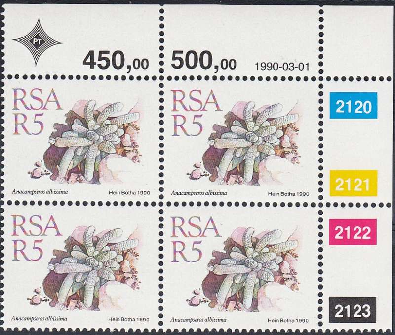 RSA 1990: 5th DEFINITIVE ISSUE SUCCULENTS R5.00 CONTROL BLOCK MNH (SACC 720)
