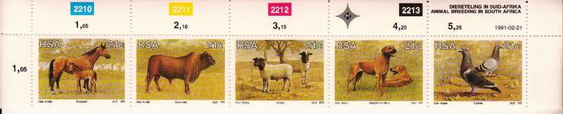 RSA 1991: ANNIMAL BREEDING IN SA FULL SET STRIP OF 5 MNH (SACC 741-745)