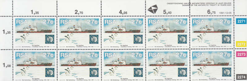 RSA 1991: 30th ANNIVERSARY OFANTARTIC TREATY SET EXTENDED CONTROL BLOCK OF 10MNH (SACC 757-8)