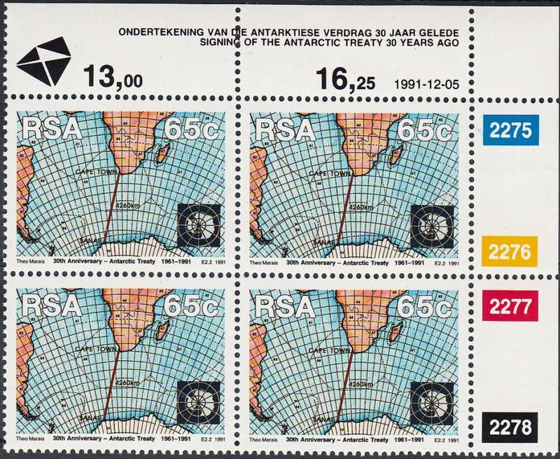 RSA 1991: 30th ANNIVERSARY OFANTARTIC TREATY SET CONTROL BLOCK OF 10MNH (SACC 757-8)