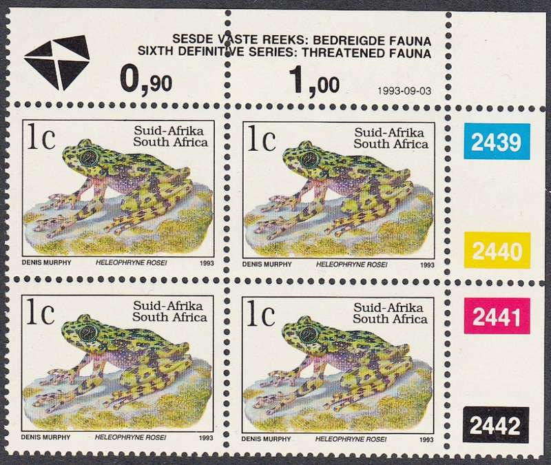 RSA 1993: 6th DEF ISSUE TREATENED FAUNA FULL SET CONTROL BLOCKS MNH (SACC 996) - LATIN INSCRIPTIONS
