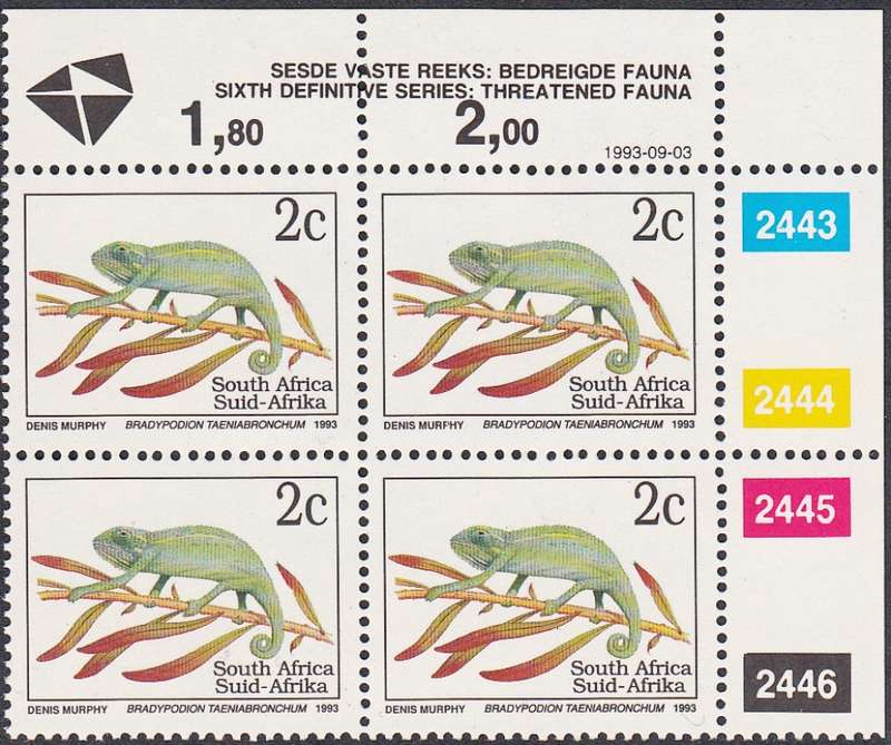 RSA 1993: 6th DEF ISSUE TREATENED FAUNA FULL SET CONTROL BLOCKS MNH (SACC 996) - LATIN INSCRIPTIONS