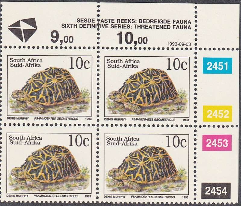 RSA 1993: 6th DEF ISSUE TREATENED FAUNA FULL SET CONTROL BLOCKS MNH (SACC 996) - LATIN INSCRIPTIONS