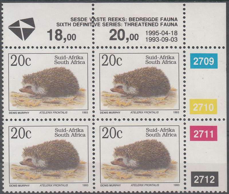 RSA 1995: 6th DEF ISSUE TREATENED FAUNA 20c CONTROL BLOCK MNH (SACC 829) - LATIN