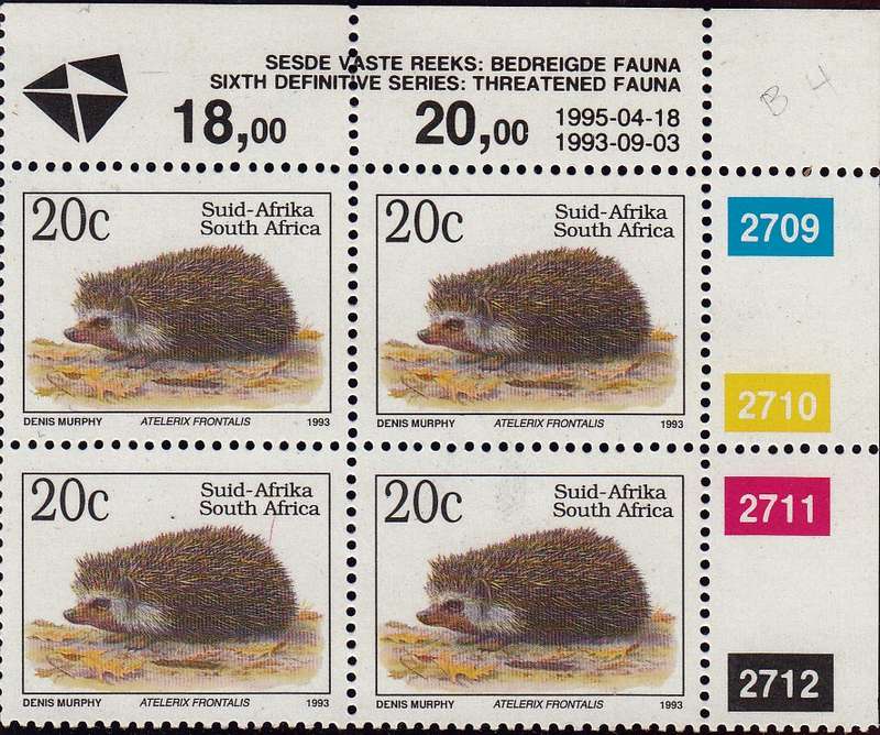 RSA 1993: 6th DEF ISSUE TREATENED FAUNA FULL SET CONTROL BLOCKS MNH (SACC 996) - LATIN INSCRIPTIONS