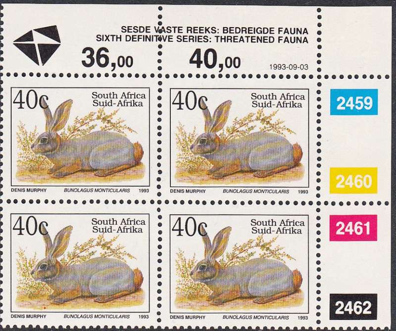 RSA 1993: 6th DEF ISSUE TREATENED FAUNA FULL SET CONTROL BLOCKS MNH (SACC 996) - LATIN INSCRIPTIONS