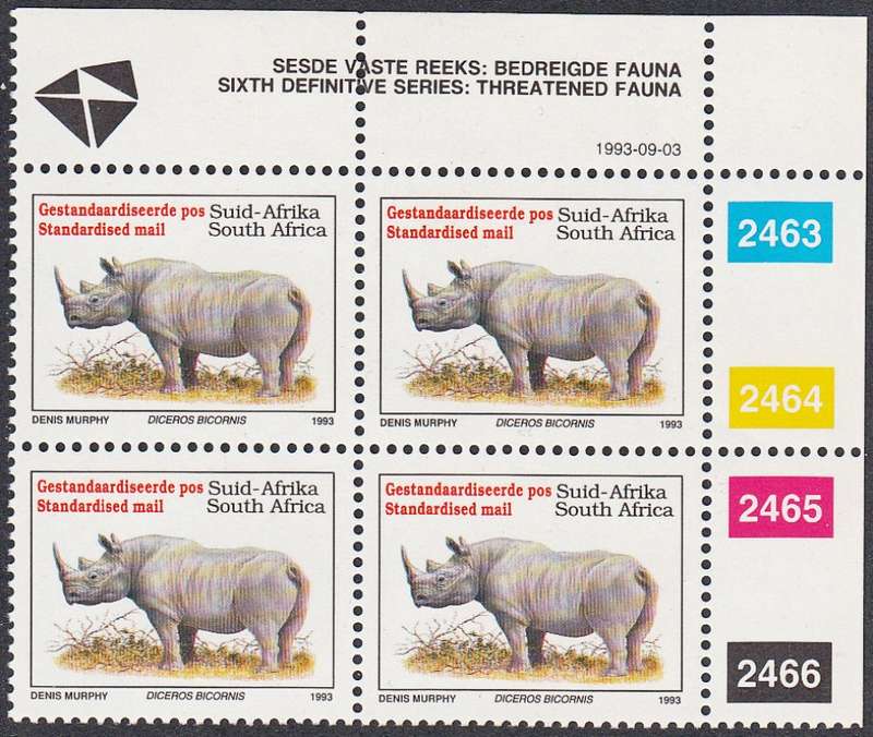 RSA 1993: 6th DEF ISSUE TREATENED FAUNA FULL SET CONTROL BLOCKS MNH (SACC 996) - LATIN INSCRIPTIONS