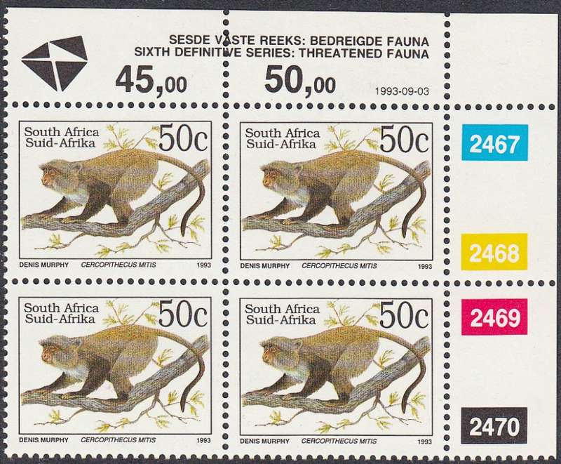 RSA 1993: 6th DEF ISSUE TREATENED FAUNA FULL SET CONTROL BLOCKS MNH (SACC 996) - LATIN INSCRIPTIONS