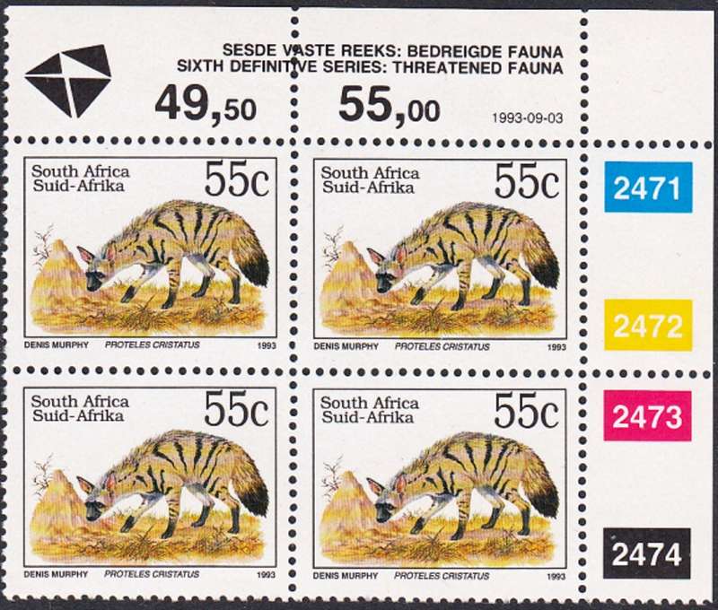 RSA 1993: 6th DEF ISSUE TREATENED FAUNA FULL SET CONTROL BLOCKS MNH (SACC 996) - LATIN INSCRIPTIONS