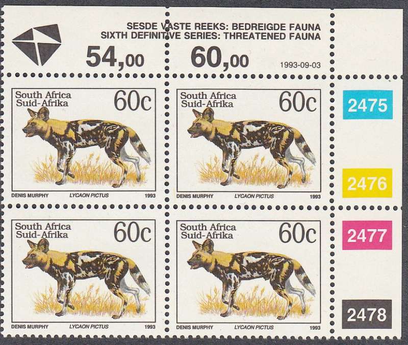 RSA 1993: 6th DEF ISSUE TREATENED FAUNA FULL SET CONTROL BLOCKS MNH (SACC 996) - LATIN INSCRIPTIONS