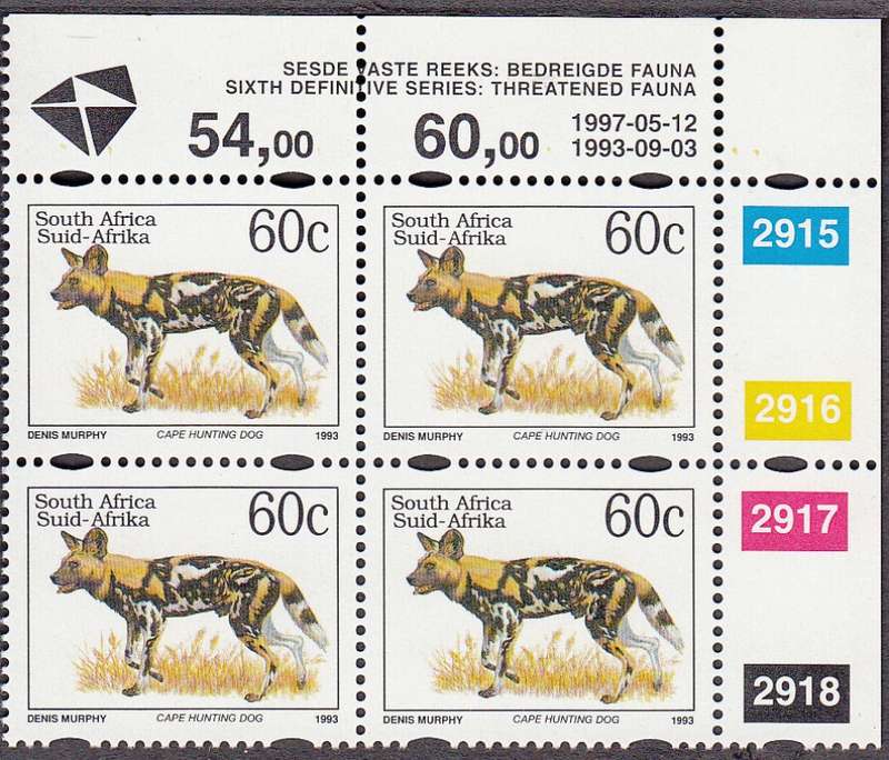 RSA 1997 6th DEFINITIVE THREATENED FAUNA 60c CAPE HUNTING DOG CONTROL BLOCK MNH (SACC 834b)