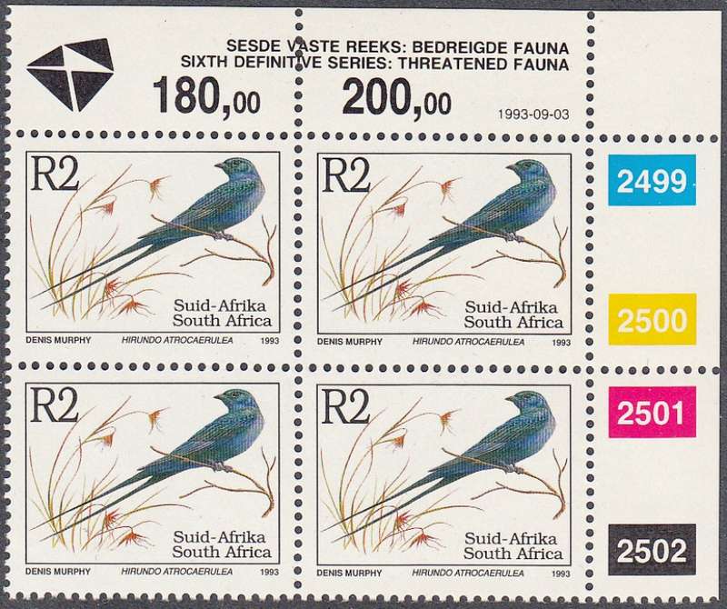 RSA 1993: 6th DEF ISSUE TREATENED FAUNA FULL SET CONTROL BLOCKS MNH (SACC 996) - LATIN INSCRIPTIONS