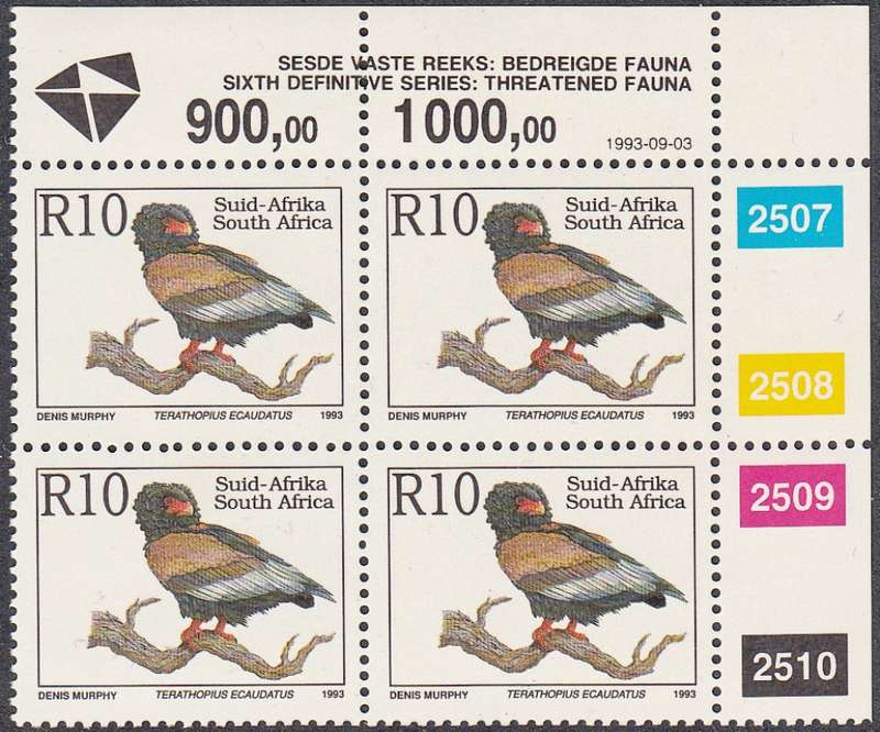 RSA 1993: 6th DEF ISSUE TREATENED FAUNA FULL SET CONTROL BLOCKS MNH (SACC 996) - LATIN INSCRIPTIONS