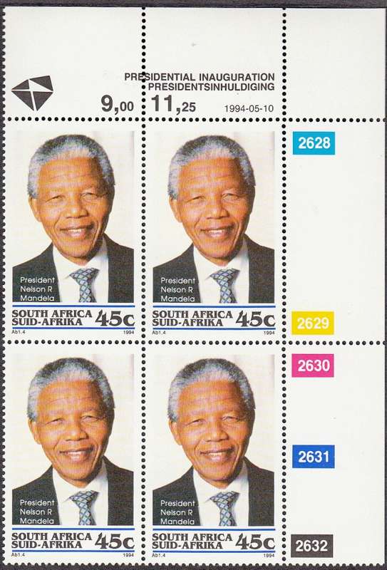 RSA 1994: PRESIDENTIAL INAUGURATION 45c CONTROL BLOCK OF 4 MNH (SACC 862)