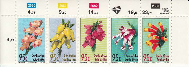 RSA 1994: HEATHERS CONTROL STRIP OF 5 MNH (SACC 883-887)