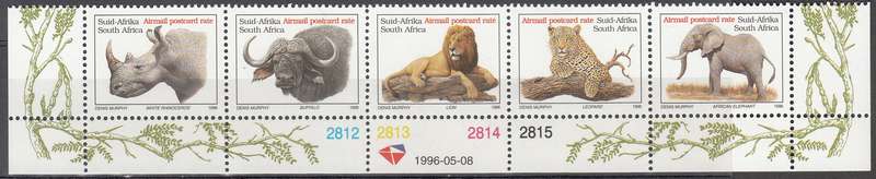 RSA  1996: BIG 5 ADDITIONAL VALUES CONTROL STRIP OF 5 MNH (SACC 941-945)