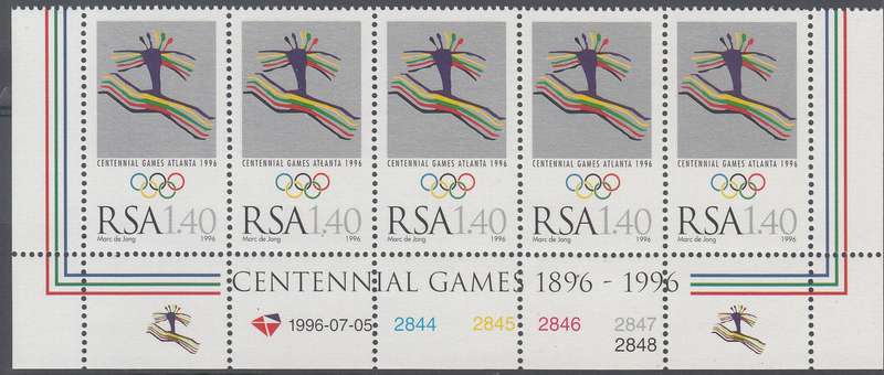 RSA 1996: OLYMPIC GAMES ATLANTA CONTROL STRIP OF 5 MNH (SACC 960)