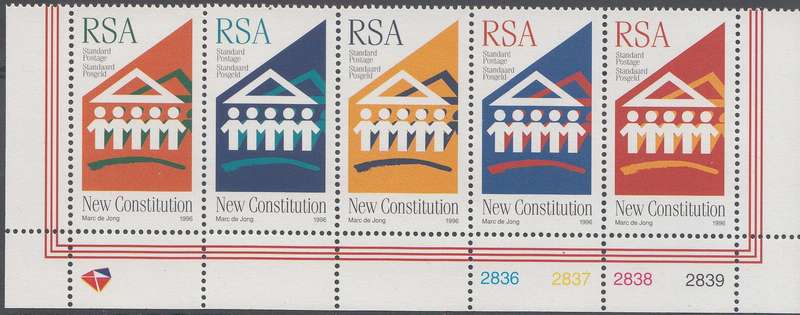 RSA 1996: NEW DEMOCRATIC CONSTITUTION CONTROL STRIP OF 5 MNH (SACC 961-965)