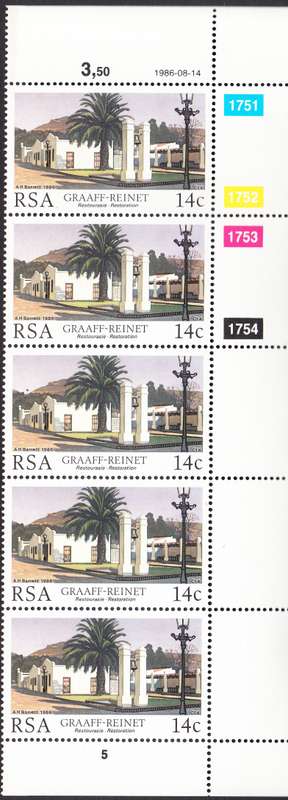 RSA 1986 RESTORATION 14c EXTENDED CONTROL BLOCK OF 5 MNH (SACC 608)