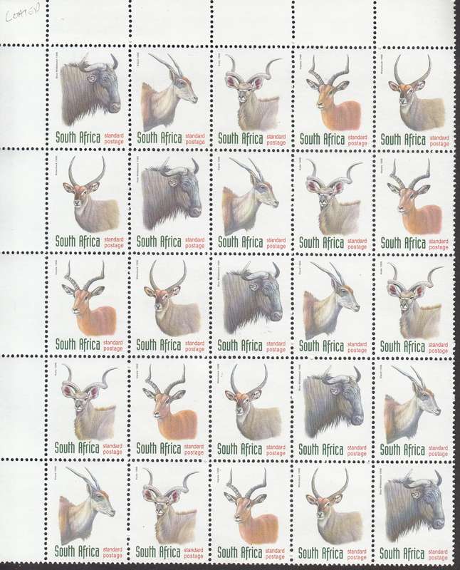 RSA 1998: 6th DEFINITIVE ISSUE ANTELOPES BLOCK OF 25 DATED 3-4-98 MNH (SACC 1089-1093)