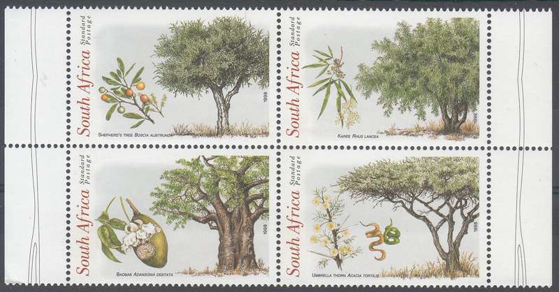 RSA 1998: INDIGENOUS TREES SETENANT BLOCK OF 4 MNH (SACC 1125-1128)