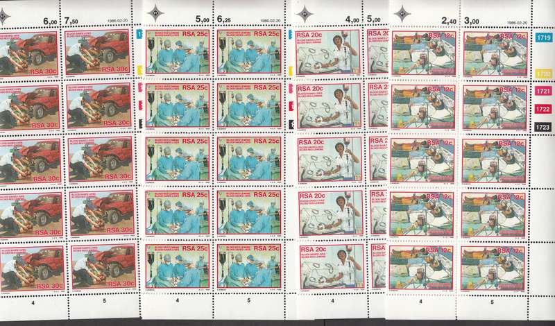 RSA 1986: DONATE BLOOD FULL SET EXTENDED CONTROL BLOCKS OF 10 MNH (SACC 600-603)