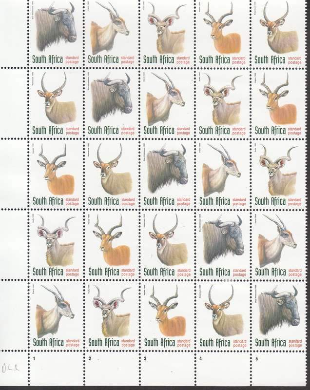 RSA 1998: 6th DEFINITIVE ISSUE ANTELOPES BLOCK OF 25 DATED 14-4-99 MNH (SACC 1089a-1093a)