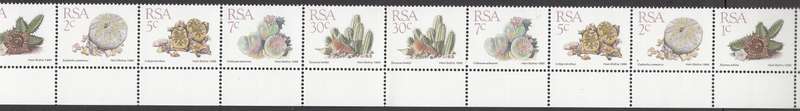 RSA 1988: 5th DEFINITIVE ISSUE SUCCULENTS BOTTOM ROW OF 10 STAMPS MNH (SACC 668-671,676)