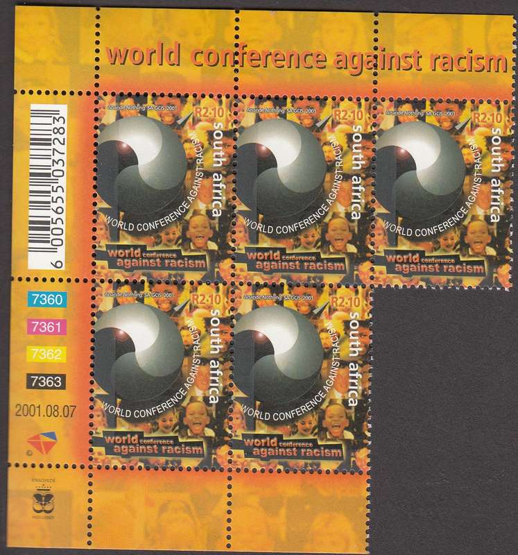 RSA 2001: WORLD CONFERENCE AGAINST RACISM CONTROL BLOCK OF 5 MNH (SACC1421)