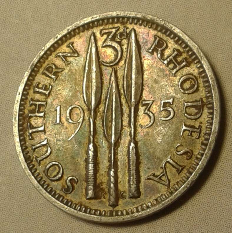 1935 Southern Rhodesia sterling silver threepence.