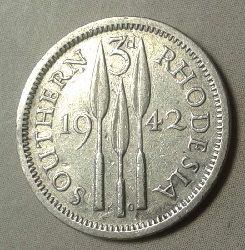 1942 Southern Rhodesia sterling silver threepence.