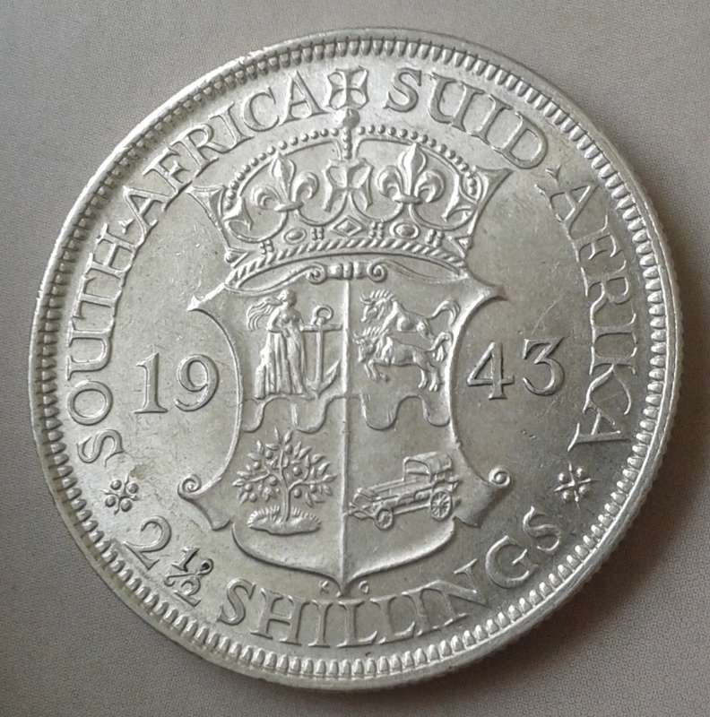 Lustrous 1943 Union silver 2 1/2 Shillings in AU