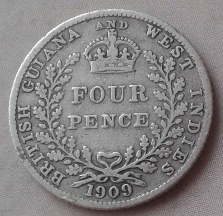 Scarce 1909 British Guiana & West Indies silver four pence (mintage: 36000)