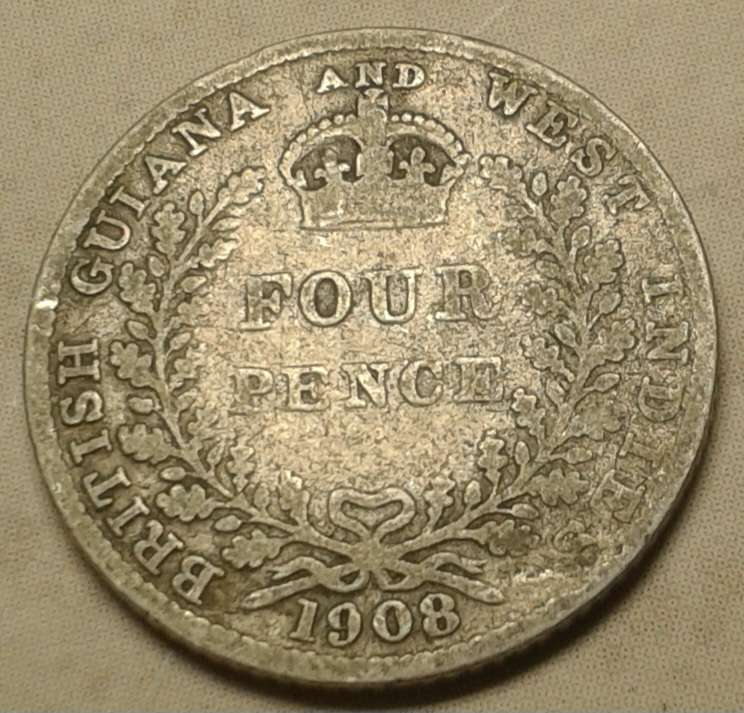 Scarce 1908 British Guiana & West Indies silver four pence (mintage: 30000)