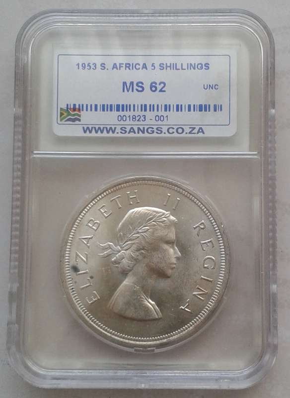 Nice 1953 Union silver 5 Shillings SANGS MS62